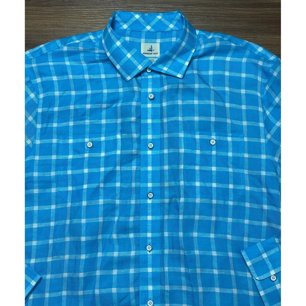 Johnnie-O Hangin Out Mens Blue Plaid Linen Lyocell Button Down Shirt Sz XL